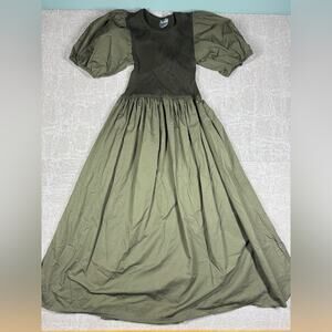 Arula Dark Green Midi Stretch Puff Sleeve Boho Dress Size X (Medium)